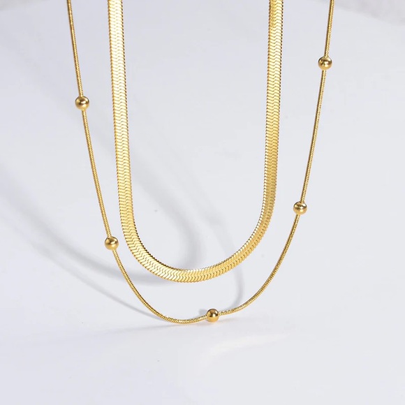 18K Gold Plated Round Beads Snake Chain Stacked Double Layered Necklace - Picture 3 of 9